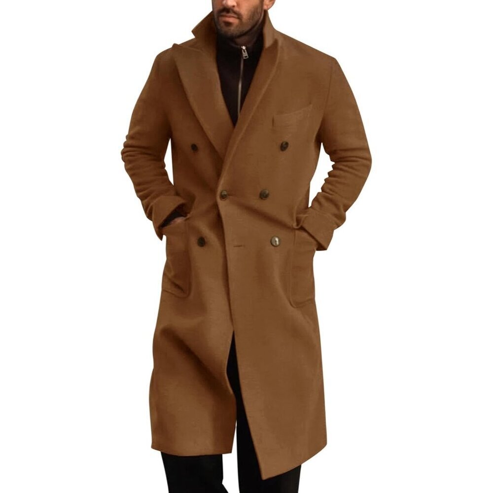 Men's Coffee Wool Blend Casual Trench Coat Notched Collar Lapel Breasted Coat